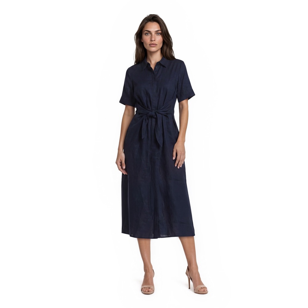 Lauren Ralph Lauren 100% Linen Midi Shirt Dress Women's Size 14W Navy Blue